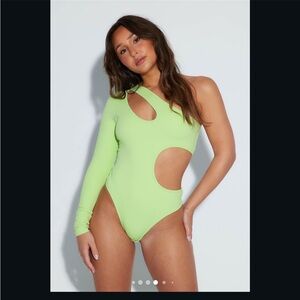 Eladay Neon Green Asymmetrical Cutout Bodysuit